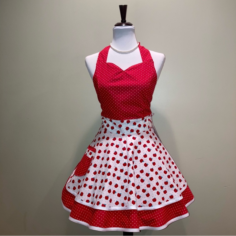 Red and White Apple Polka Dot Retro Style Apron